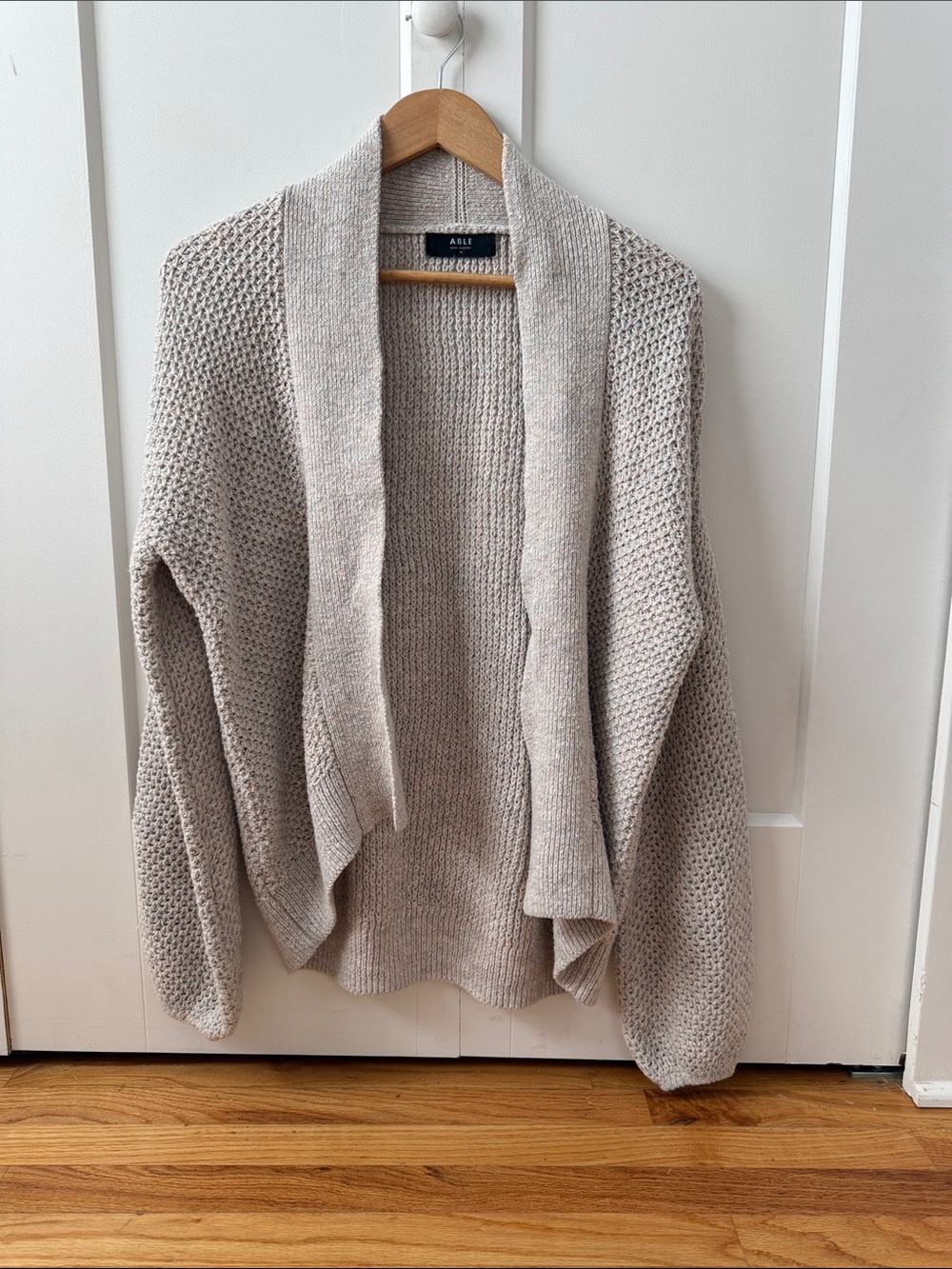 Able Beige Open-Front Knit Shawl Cardigan
